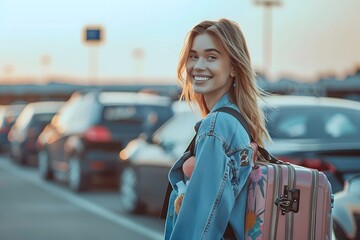 Obraz premium Young happy woman with suitcase going to airport terminal.