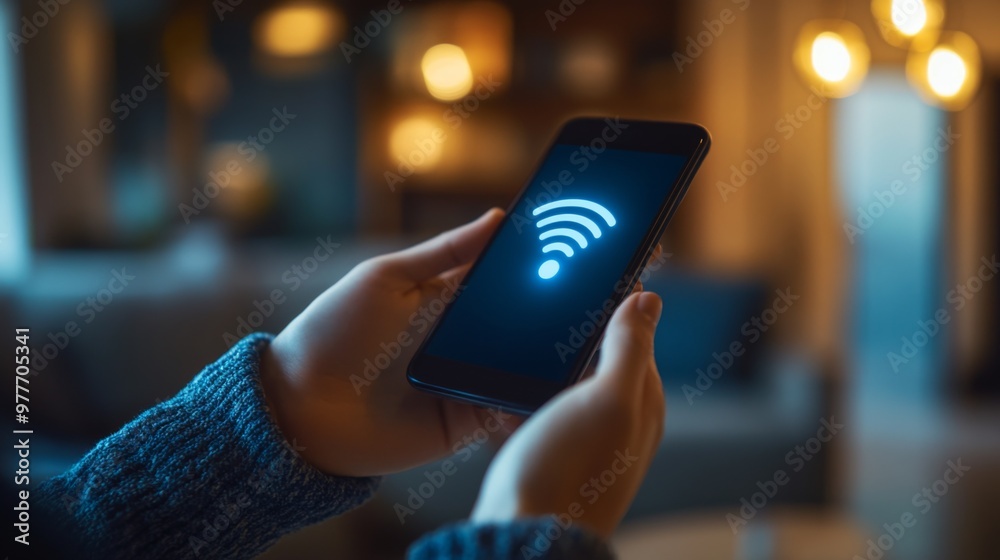 Aufkleber A high-resolution image of a person holding a smartphone with a Wi-Fi signal icon visible on the screen, with a home or office setting in the background.