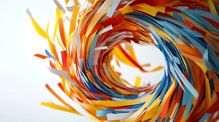 Abstract Paper Tornado: A swirling tornado of colorful paper strips, floating in mid-air, creating a dynamic and chaotic abstract form. 
