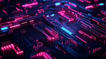 Fototapeta premium Futuristic tech desktop wallpaper. Geometric shapes with neon highlights