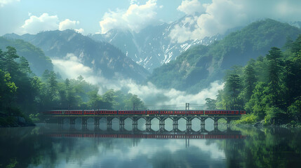 Fototapeta premium Train Crossing Mountain Lake Illustration