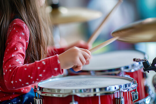 young drummer enthusiastically hits the snare drum in lively classroom setting