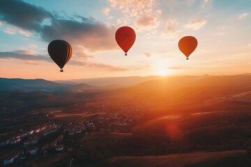 Fototapeta premium Three colorful hot air balloons flying in the sky at sunset