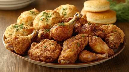 A high-resolution image of a platter of assorted fried chicken pieces, including drumsticks and wings, garnished with herbs and served with a side of biscuits.