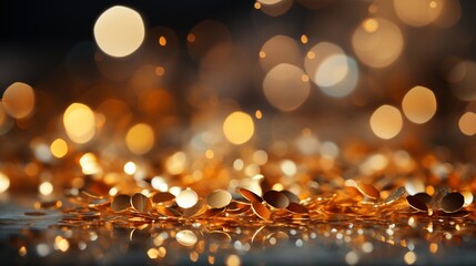 Abstract golden background with bokeh effect and shining defocused glitters. Festive gold texture for birthday