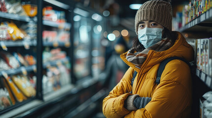 Obraz premium A person wearing a mask and gloves shopping in a grocery store, adhering to health guidelines