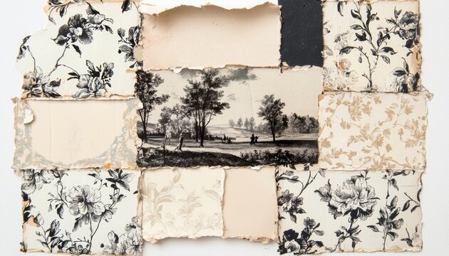 A vintage French collage featuring toile de Jouy patterns, depicting pastoral scenes, mixed with abstract florals and muted, aged textures