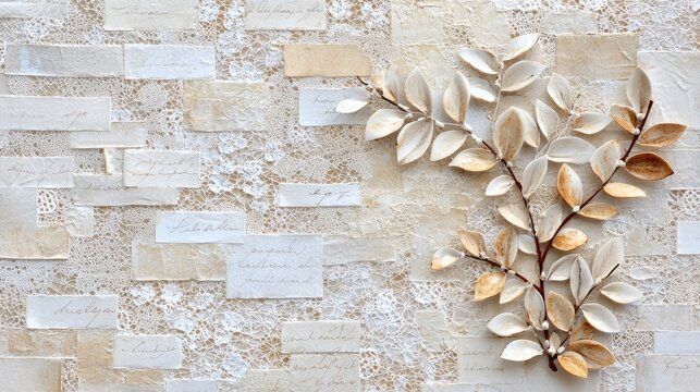 A vintage French pattern collage combining handwritten letters, delicate floral designs, and intricate lace textures, evoking a sense of romantic nostalgia