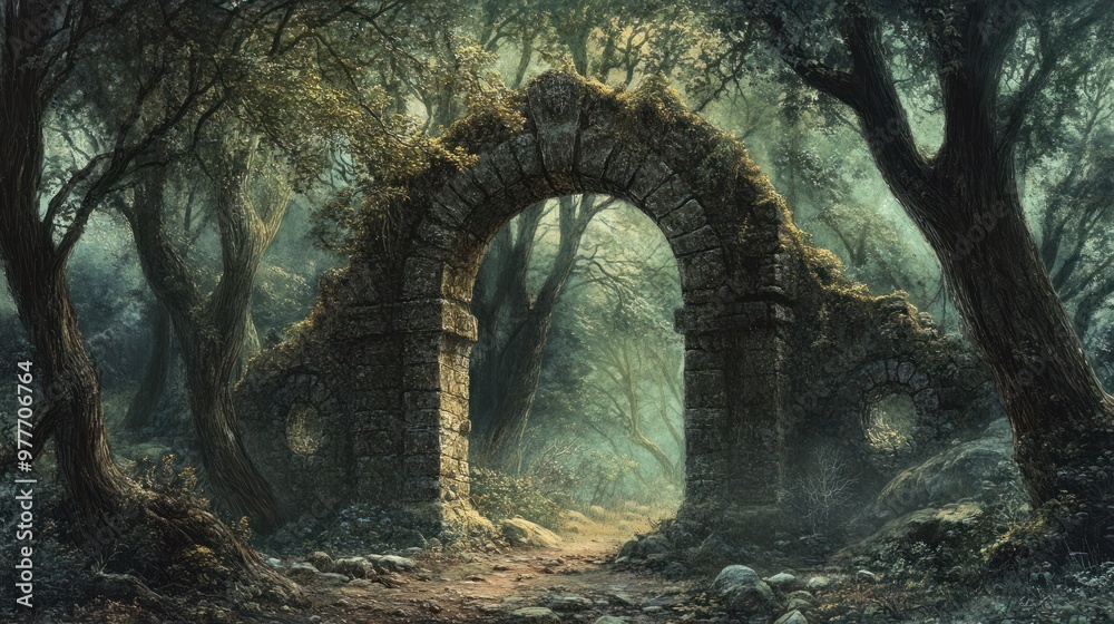 Sticker Stone Archway Leading Through a Foggy Forest