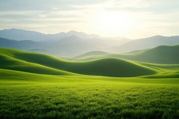 Fototapeta premium A serene landscape featuring rolling green hills under a soft, glowing sunrise, evoking peace and tranquility in nature.