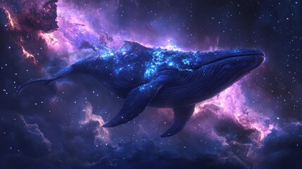 Fototapeta premium Whale Floating Through the Cosmos with Bioluminescent Glow