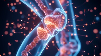 A visual representation of knee cartilage being regenerated with glowing orthopedic gel particles, showcasing the healing process