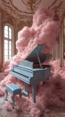 Piano in pink smoke-filled forest combines music with dreamlike fantasy.