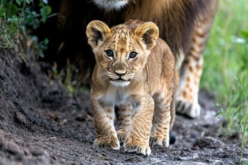 Obraz premium Kenya lion cub cautiously approaching its mother, learning the ways of the wild step by step