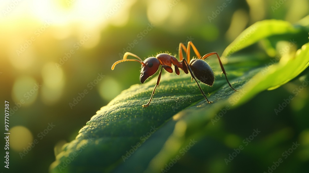 Aufkleber A high-resolution image of a single ant on a green leaf, showcasing its fine details and texture as it explores its environment in a natural setting.