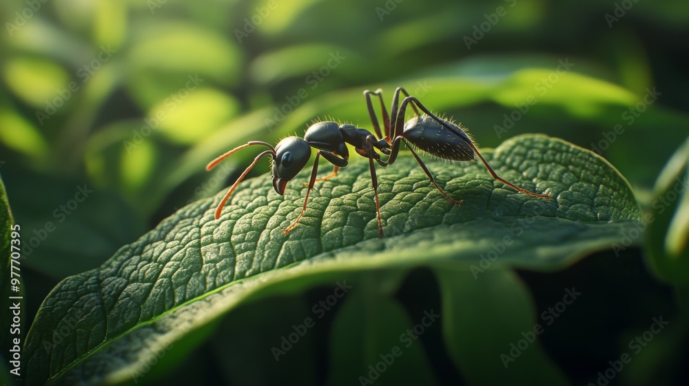 Aufkleber A high-resolution image of a single ant on a green leaf, showcasing its fine details and texture as it explores its environment in a natural setting.