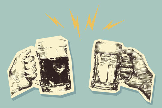 Retro halftone collage of two hands clinking beer mugs. Y2K pixel, photocopy effect. Grunge bitmap texture. Perfect for bar promotions, Oktoberfest posters, brewery branding.