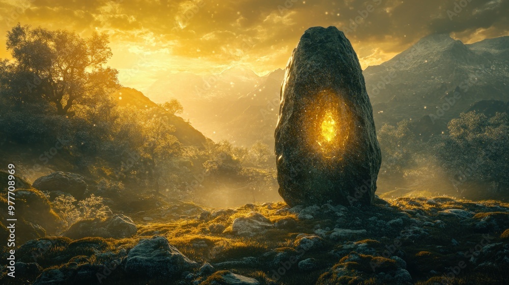 Canvas Prints A Large Stone with a Glowing Opening in a Mountain Landscape at Sunset