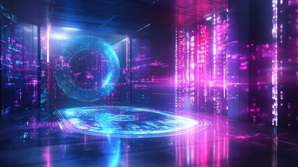 Futuristic Neon Room with Glowing Circle.
