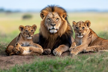 Obraz premium Kenya lion pride lounging together in the Kenyan savannah, with cubs playfully wrestling nearby