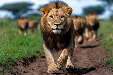 Obraz premium Kenya lion pride on the move, traveling through the savannah in search of fresh hunting grounds