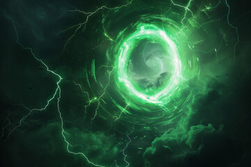 Obraz premium A green, glowing hole in the sky with lightning bolts surrounding it