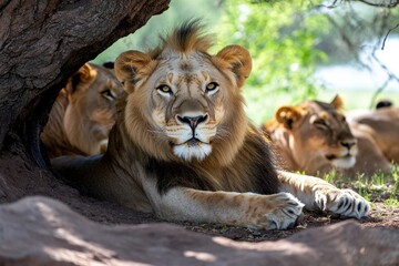 Kenya lion pride resting in a cool, shady spot beneath a large tree, avoiding the midday heat