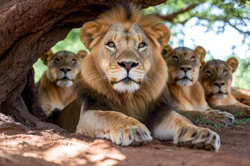 Kenya lion pride resting in a cool, shady spot beneath a large tree, avoiding the midday heat