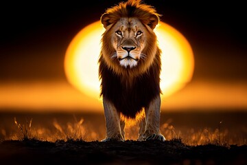 Kenya lion silhouetted against the rising sun, creating a powerful and iconic image of Africaâ€™s king of the jungle