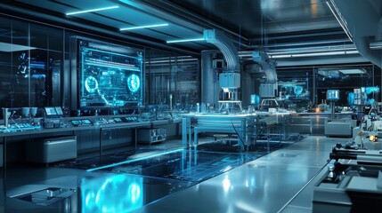 Obraz premium Futuristic Laboratory with Advanced Technology and Digital Interfaces.