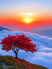 Serene photo of vibrant red tree on hill at sunset, capturing peaceful beauty.