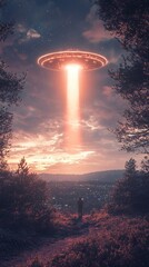 Glowing UFO in misty forest at twilight evokes mystery and otherworldliness.