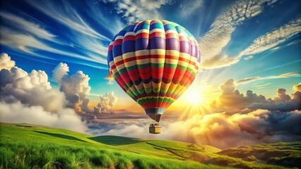 Fototapeta premium Vibrant colorful hot air balloon illustration with intricate details and textures, floating above a serene landscape