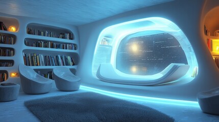 Futuristic Living Room with Bookshelf and Window View.