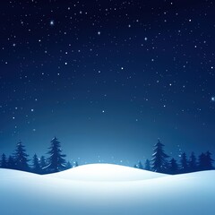A serene winter landscape featuring a snowy ground and silhouettes of trees under a starry night sky.