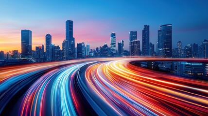 A vibrant city skyline at dusk showcases illuminated skyscrapers against colorful sunset. dynamic light trails of moving vehicles create sense of energy and motion