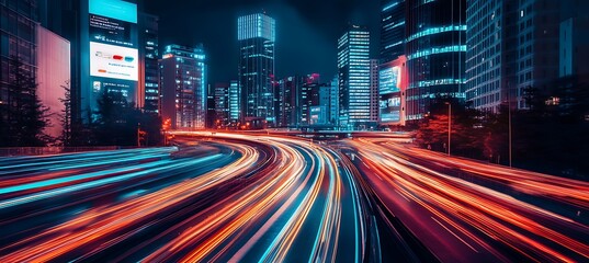 Obraz premium A futuristic city with AI-controlled transportation and holographic ads