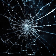 Detailed close-up of a spider's web broken glass with a central hole
