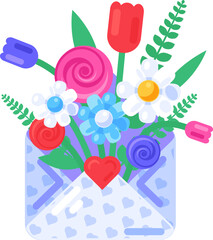 Vector graphic illustration of nosegay blooming out from an envelope in a vibrant solid cartoon style. Delightful mix of flowers and green leaves. Present for various occasions such as birthdays, anni