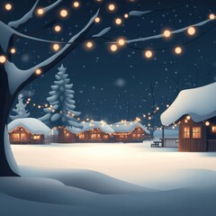 Fototapeta premium A serene winter night scene, featuring cozy cabins adorned with glowing lights amidst gently falling snow.