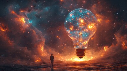 Light Bulb Floating Through the Cosmos with Bioluminescent Glow