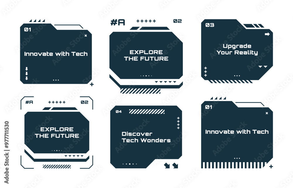 Fototapete Modern technology label. Text boxes set in abstract tech style. Modern logo in cyberpunk style. Technology hi-tech design. Vector illustration.
