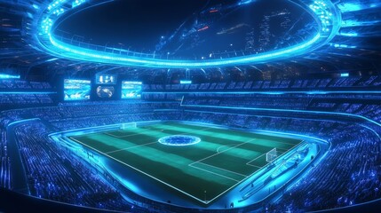 Futuristic Soccer Stadium with Blue Lights and Crowd.