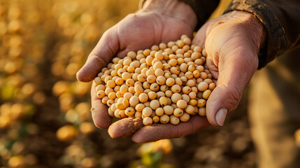 hands full of soybeans, with soybeans plantation field background