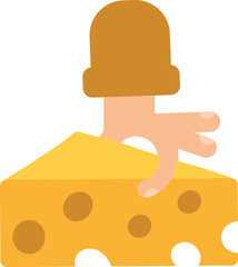 A hand grasps a golden tasty block of cheese in a cartoon style. Festival of cheese and events. An advertisement of a delicious meal, a brand logo, or a recipe blog example. Vector colorful illustrati