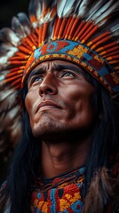 Obraz premium Native American man exudes cultural pride and strength in traditional regalia, with intense gaze and