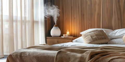 aromatherapy, modern aroma diffuser and humidifier on the coffee table, cozy minimalistic interior of a bright bedroom, gray, white, beige shades, the concept of improving air quality