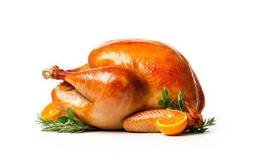 Whole roasted turkey or chicken garnished with herbs isolated on white background. Concept of food for Thanksgiving Day