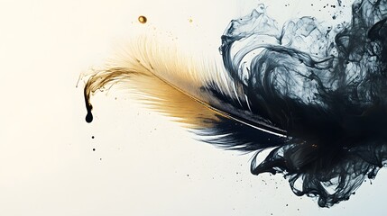 Feather Ink Dip: A feather suspended in mid-air, dipped in gold and black ink, with the ink dripping and mixing in the air. 
