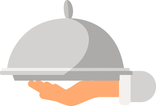 A hand holding a serving dish with a cover in cartoon style. Cloche, tray lid, or a dome with a plate. Food service and restaurants. Vector colorful illustration isolated on a white background is suit
